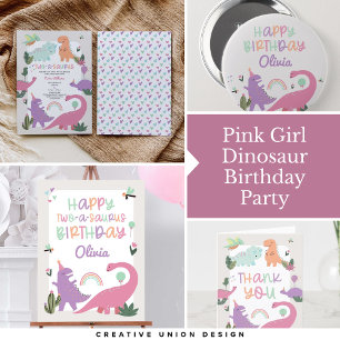 Badge Rond 10 Cm Bouton d'anniversaire rose fille Dinosaur heureux