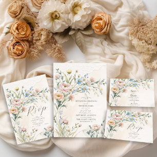 Grillige Pastelkleurige Wilde Bloemen Bruiloft All In One Uitnodiging
