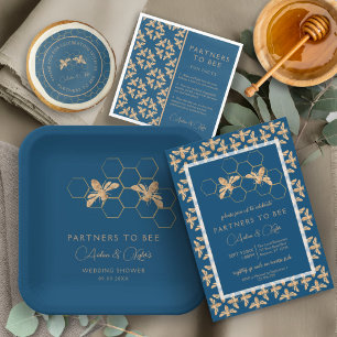 Sticker Rond Indigo & Honeycomb Golden Bee Wedding shower