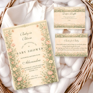 Roze Botanische Baby Shower in Vintage Stijl Kaart