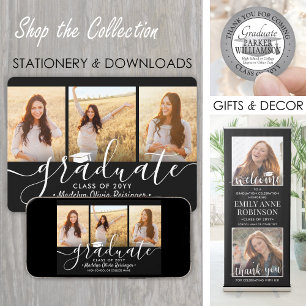 Invitation 3 Photo Collage Black and White Graduation Party