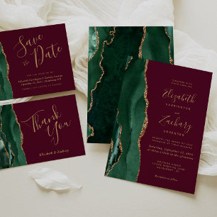 Invitation Chic Emerald Green Gold Agate Mariage Bourgogne
