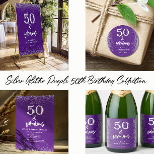 Sticker Rond Parties scintillant d'argent violet 50e fête d'ann