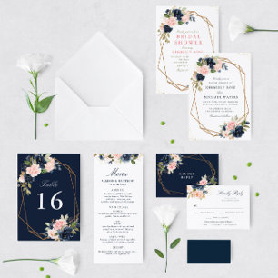 Invitation Mariage géométrique floral et floral marine