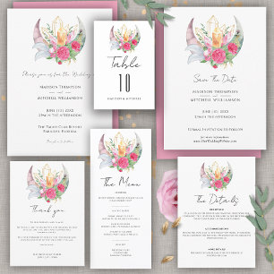 Cartons Réponse Boho Moon Crystals Plumes rose Fleurs Mariage