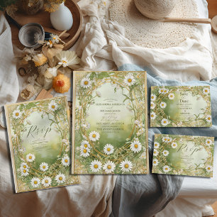 Invitation Tout En Un Daisées Art Nouveau Mariage vert ivoire