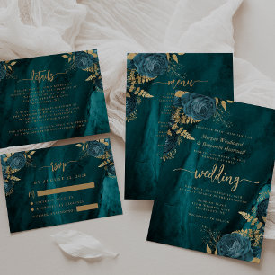 Invitation Élégant Mariage Turquoise Blue Gold Floral
