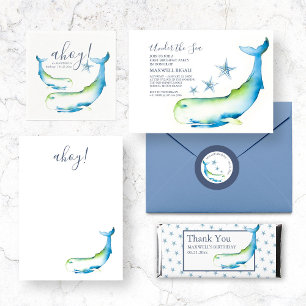 Invitation Twins 1er Anniversaire Aquarelle Baleine Starfish
