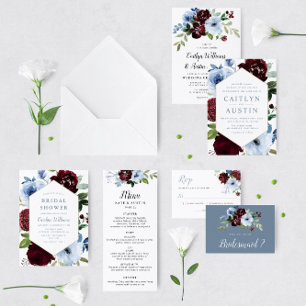 Invitation mariage floral bleu roux peint