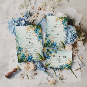 Elegante Blauwe Lelie Botanische Bruiloft Kaart