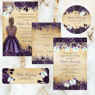 Invitation Princesse vintage Papillon pourpre Quinceañera
