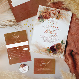 Invitation Trois Volets Fleurs de terre cuite rouille et Mariage de laiton