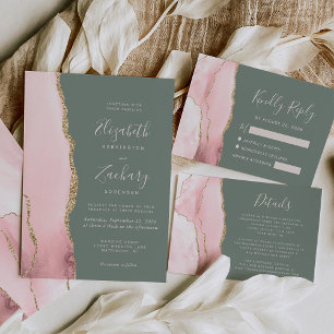 Invitation Mariage moderne Blush Pink Or Agate Sage Green