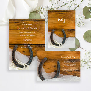 Invitation Magnétique Horseshoe, perles et Mariage campagnard en bois de
