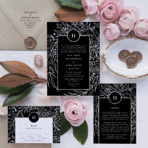 Cartons Réponse Élégant Mariage de couronne de monogramme noir Tux