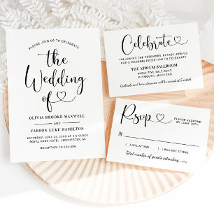 Invitation Calligraphie du coeur noir moderne Mariage de scri