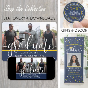 Faire-part Script moderne Marine Blue & Gold 4 Diplôme photo