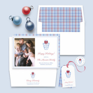 Cartes Pour Fêtes Annuelles Preppy Monogram Red Bow Family Christmas Photo