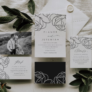 Eenvoudig 'Black Floral Calligraphy Wedding' Kaart