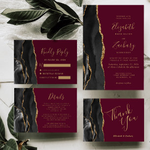 Cartons Réponse Moderne Black Gold Agate Bourgogne Mariage