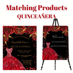 Invitation Quinceanera rouge noir parties scintillant robe fl