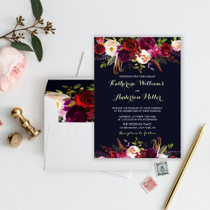 Invitation Marine Burgundy Marsala Boho Floral Couples Douche