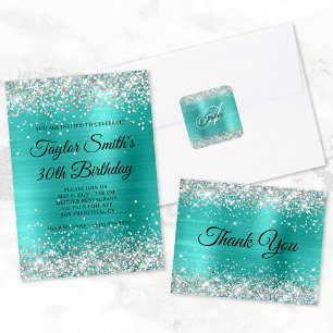 Invitation Faux Sparkly Silver Parties scintillant Turquoise 