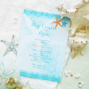 Invitation Orange Turquoise Blue Starfish Mariage plage Pair