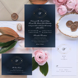 Invitation Calligraphie Monogramme officiel Gold Foil Marine