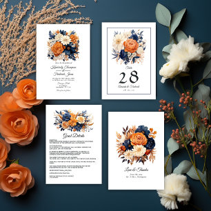 Invitation Bleu marine, orange brûlé et Mariage de fleurs de 