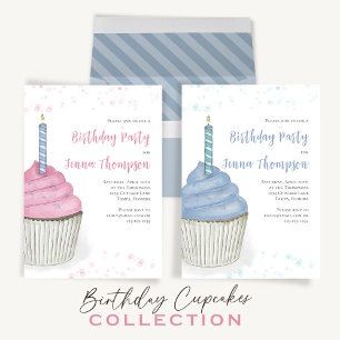 Invitation Beau Anniversaire Whimsical Blue Cupcake Simple