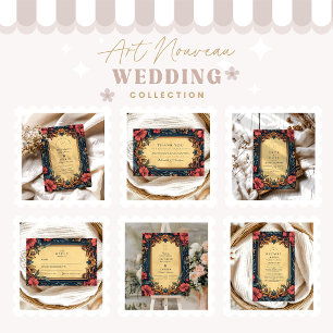 Invitation Marine bleu Floral Mariage Art Nouveau