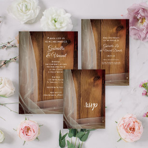 Carte RSVP Mariage campagnard en bois du Voile nup