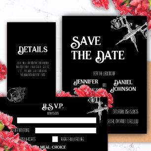 Faire-part de mariage de tatouage crâne noir et bl