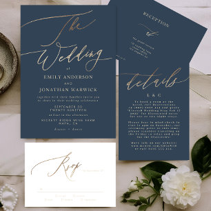 Invitation Marine Bleu Élégant Or La Réception De Mariage