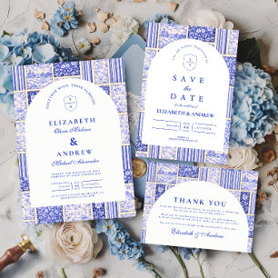Blauw Witte Patchwork Toile Trouwfeest Kaart