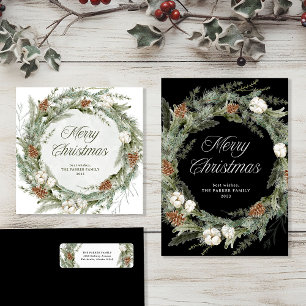 Carte De Vœux En Aluminium Couronne élégante noire   Joyeux Noël Or