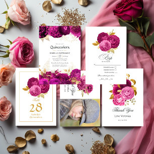 Carte De Remerciements Photos Hot Rose et Gold Floral Quinceañera