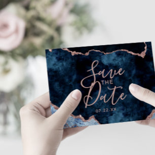 Invitation Carte Postale Marine Blue Rose Gold Foil Agate Mariage Invitatio