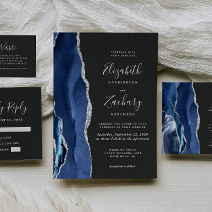 Carte RSVP de mariage moderne Marine Blue Silver A