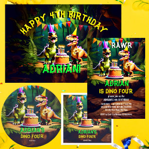Poster Dino quatre dinosaures heureux modèle d'anniversai