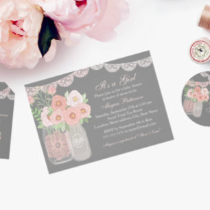 Sweet Mason Jar Rose & Grey Baby shower Invitation