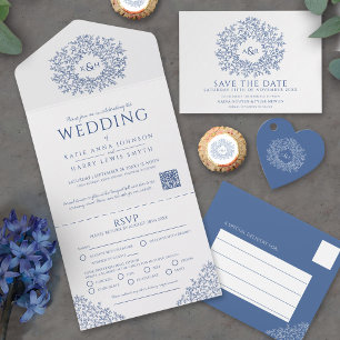 Invitation Mariage d'art en monogramme blanc bleu