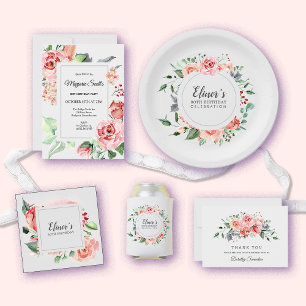 Serviette En Papier Elégant rose rose florale 80e anniversaire