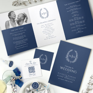 Invitation Tout En Un Mariage blanc bleu foncé ovale feuilles monogramme