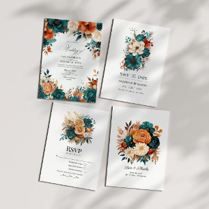 Invitation Mariage Floral Teal Orange Brûlé & Champagne