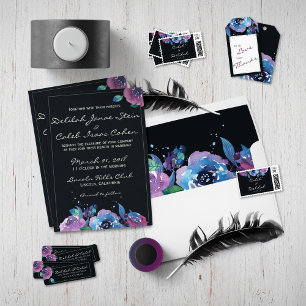 Invitation Mariage floral bleu profond violet Moody Twilight