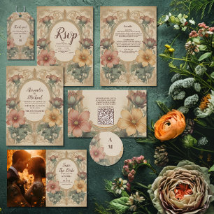 Sticker Rond Olive & Orange Mariage Vintage Art Nouveau Floral
