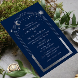 Invitation En Aluminium Mystique Bleu Argent Soleil Lune Espace Astronomiq