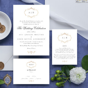 Invitation En Aluminium romantique classique réel or encadré mariage monog
